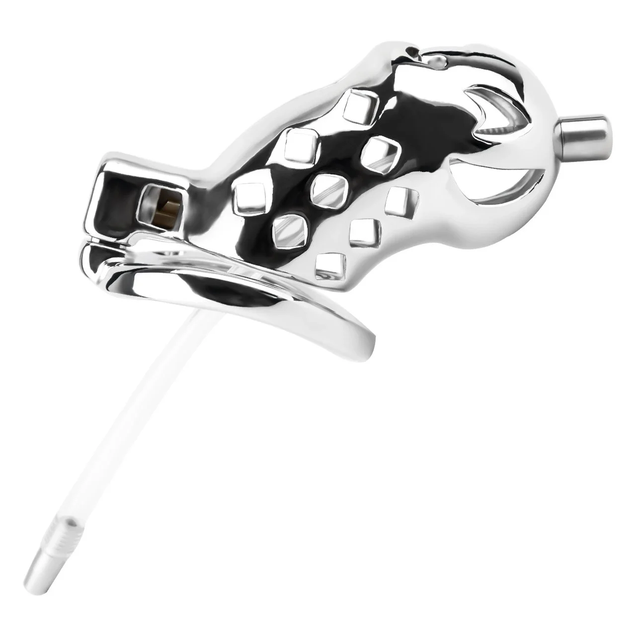 Male Stainless Steel Chastity Cage Restraint Toy with Catheterized Penis Lock Three Sizes Available