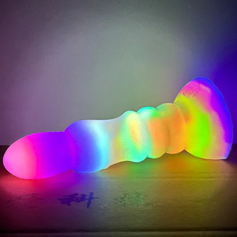 8 Inch Long Luminous Alien Dildo Soft Silicone Colorful Gorgeous Glow in Dark Dildo for Women Concave Penis