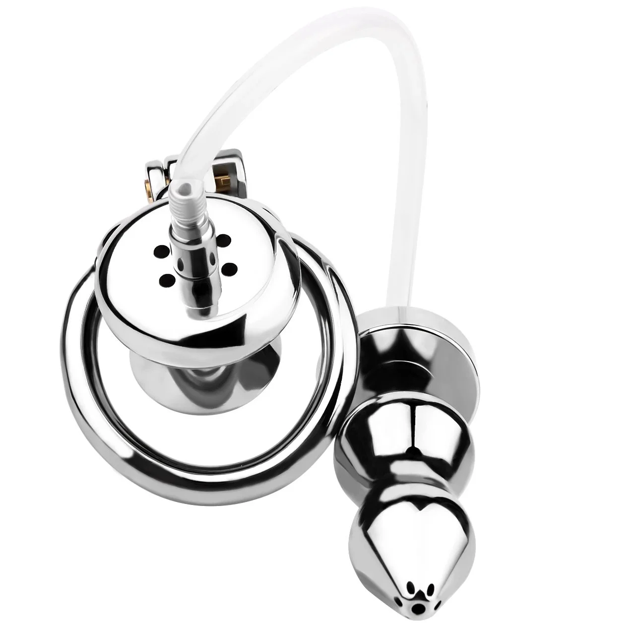 Cock Cage with Anal Plug Seven Holes to Squirting Silver Material Chastity Devices for Men Sissy Gay