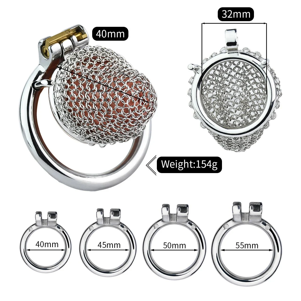Soft Male Chastity Cage 304 Stainless Steel Reticular Mesh with Curved or Round Ring for Play