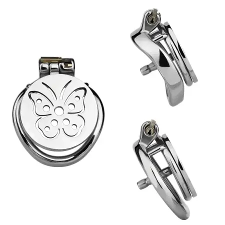 FRRK Stainless Steel Male Penis Cage with Built-in Flat Restraint Chastity Lock Featuring Butterfly-Shaped Catheter Design