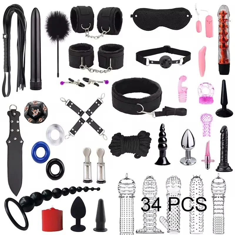 47PCS Sex Bondage Kits Handcuffs Nipple Clamps Whip Spanking Anal Plug Vibrator Butt SM Product Sex Toys for Women Men