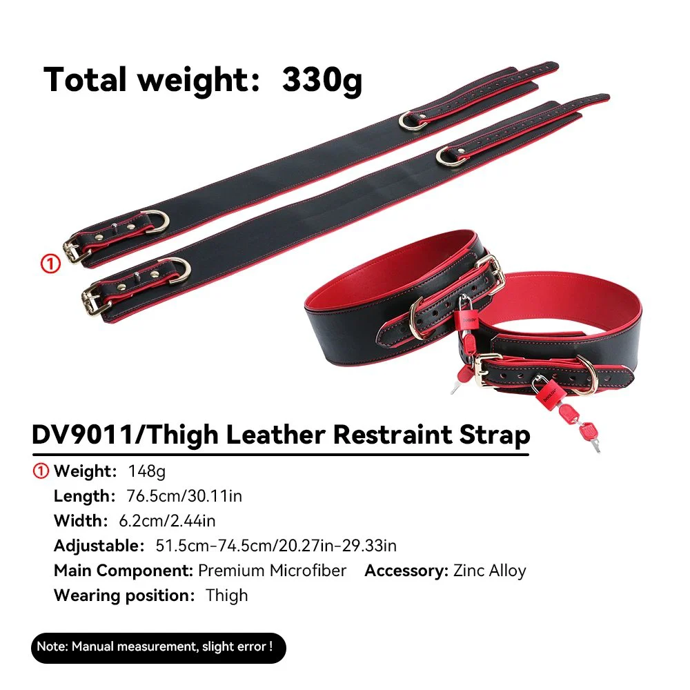 1Leather Restraint Cuffs + Thigh Restraint Set Black & Red Colorway 18+ Adult Roleplay Toy