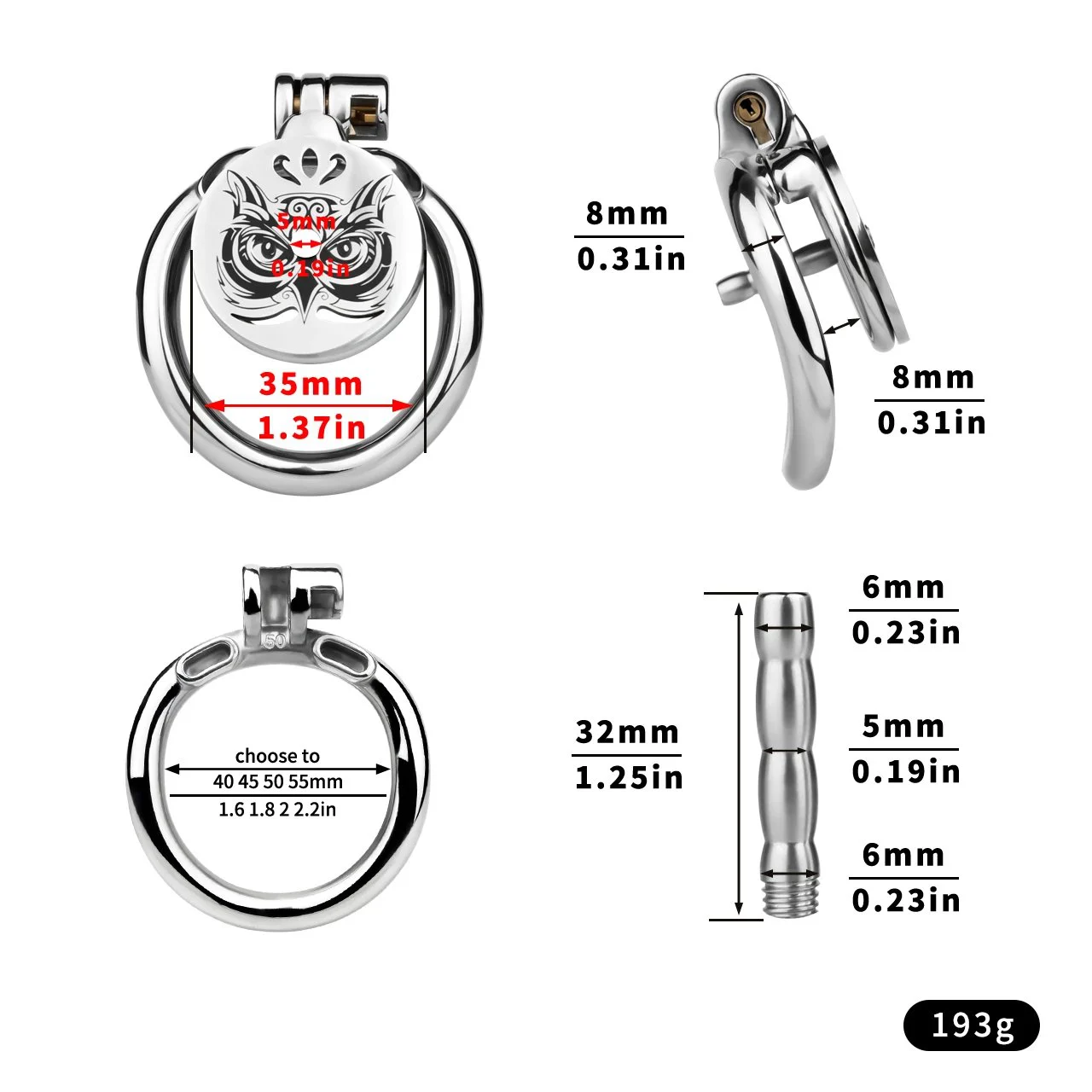 Built-in Flat Male Metal Chastity Lock with Owl Pattern and Urinary Catheter for Male Chastity Confinement Penis Cage