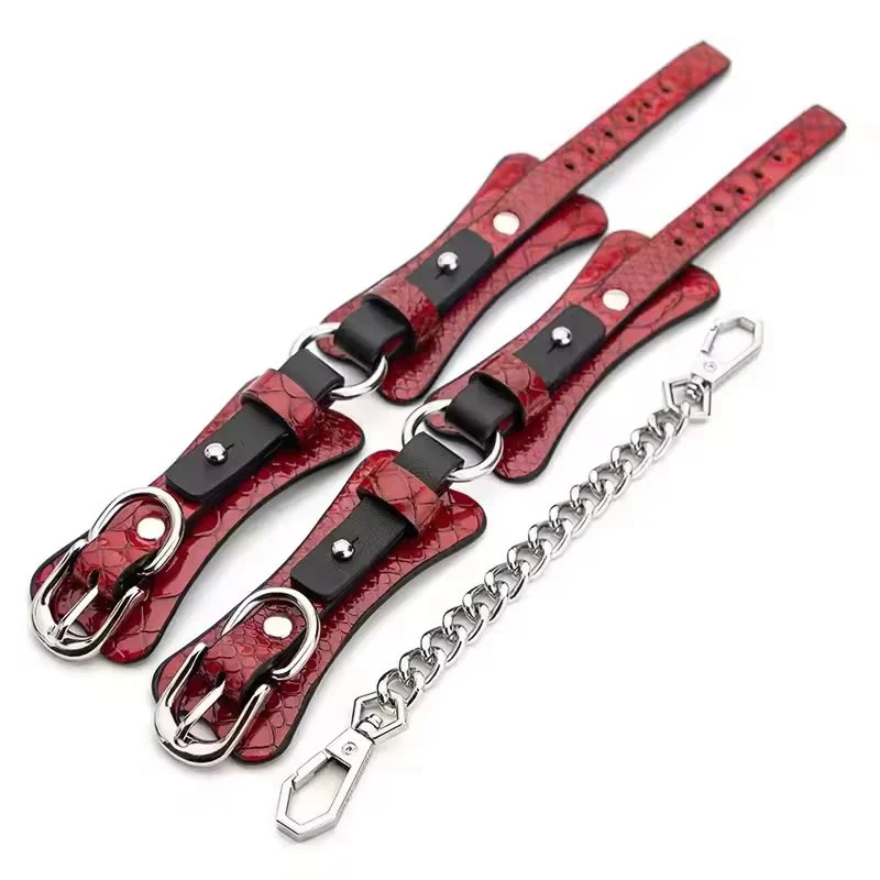 Red Snake Skin Bondage Set With Blindfold Gag Cuffs Paddle Flogger Collar Harness Restraints Tickler Clamps