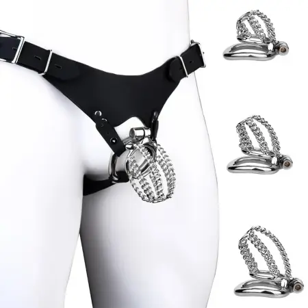 Wearable BDSM Chastity Cage Three Sizes Available for Male Penis Chastity Lock Stainless Steel + Synthetic Leather