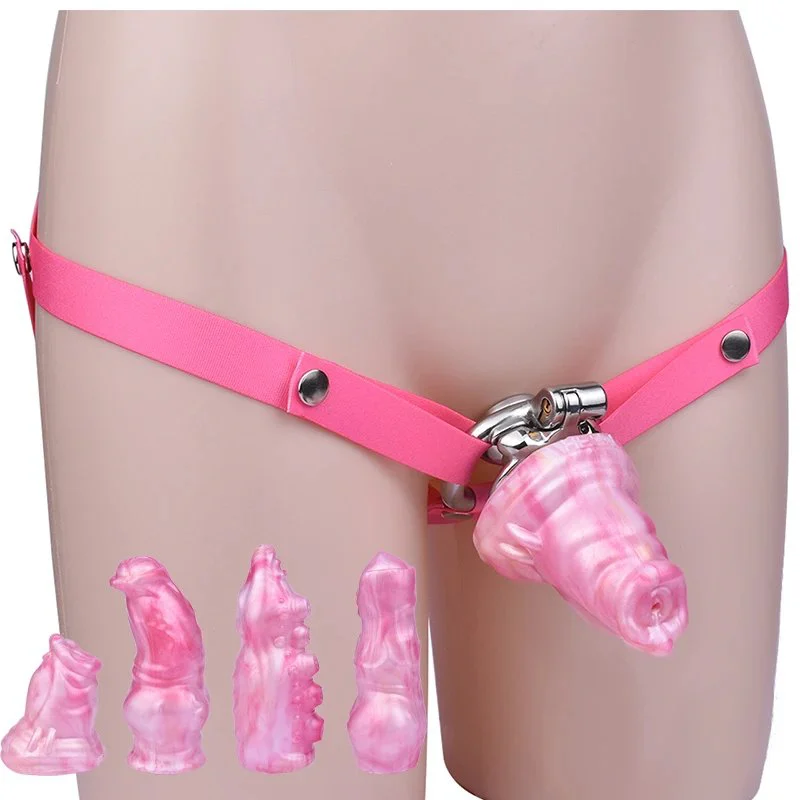 Flat Cages White Dragon Dildo with Pink Chastity Belt Metal Penis Ring Cock Cage Lock Sex Toys for Men Women Pleasure