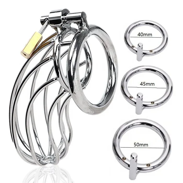 Male Adult Sex Toys Stainless Steel Cock Cage Chastity Device with 3 Active Rings Adult Bondage Gear