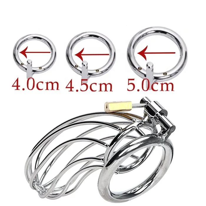 Male Adult Sex Toys Stainless Steel Cock Cage Chastity Device with 3 Active Rings Adult Bondage Gear