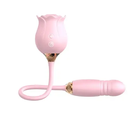 Rose Flower Shaped Silicone Dildo Vibrator Woman's Thrusting Tongue Extension Sex Toy with Clit Sucking Feature