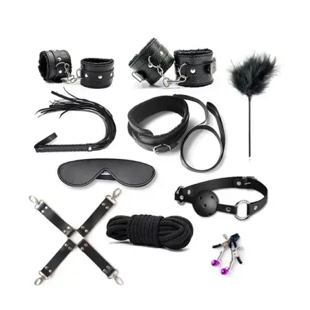Sexy Whip Handcuffs Rope Nipple Calmps Gag Ball PU Leather Soft Sex Game Restraint 10 PCS Bondage Kit