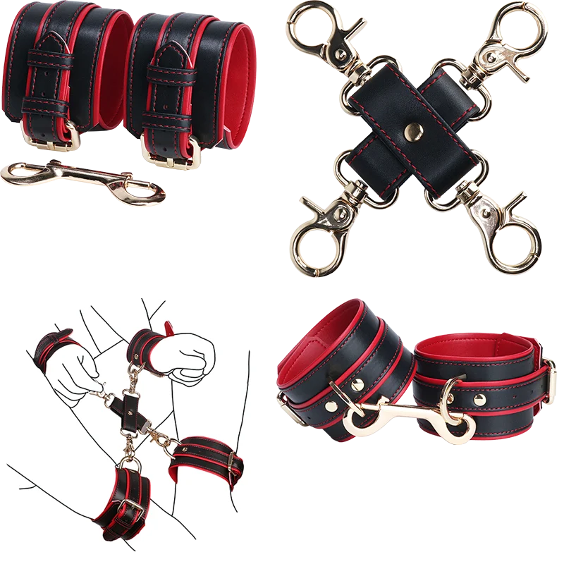 4-Way Cross Hog-Tie Connector with Wrist & Ankle Cuffs for Bondage Restraint,Bondage Kit,Four Cuff Adjustable Sex Toy Adult
