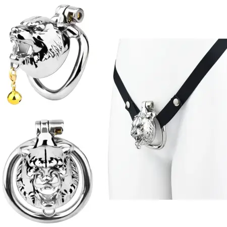 Tiger Head Male Chastity Cage, Silver Metal Cock Cage for Adult BDSM Play
