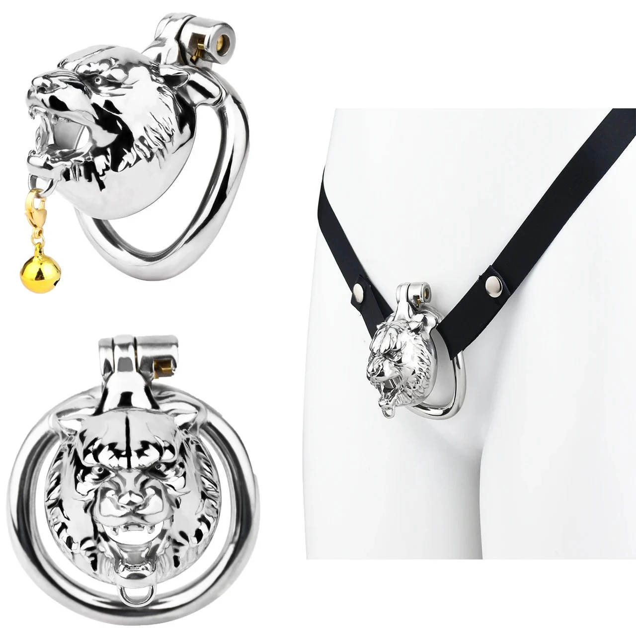 Tiger Head Male Chastity Cage, Silver Metal Cock Cage for Adult BDSM Play