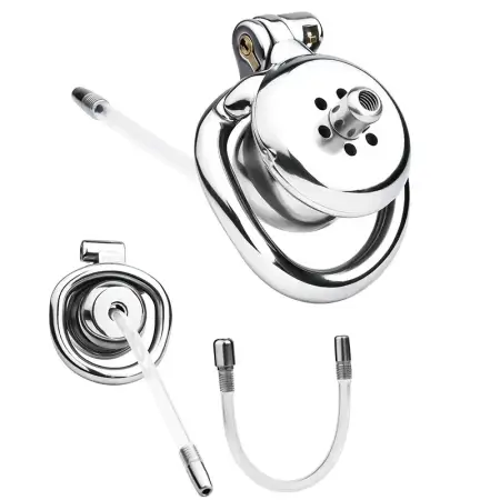 Latest Flat Negative Chastity Lock with Silicone Catheter 279g 100%waterproof Cock Cage 304 Stainless Steell Chastity Cage
