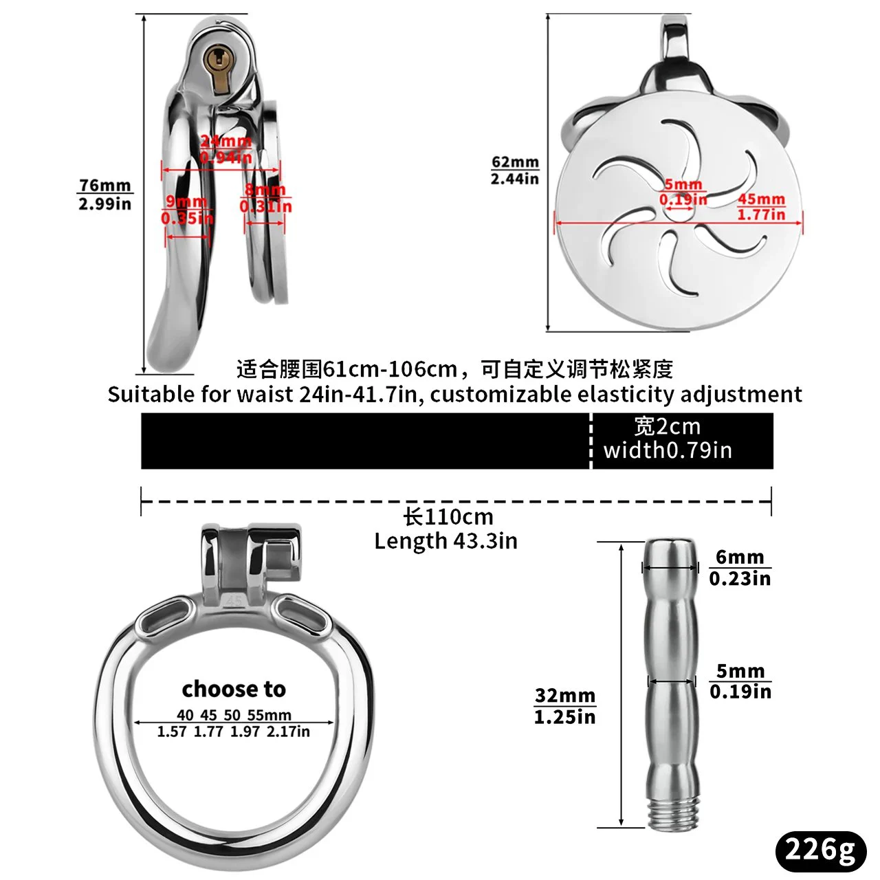 Stainless Steel Wearable Male Chastity Cage with Built-in Catheter, Stimulating Sensation SM Bondage Penis Cage Sex Toy