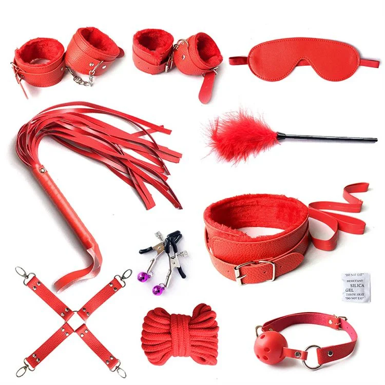 Sexy Whip Handcuffs Rope Nipple Calmps Gag Ball PU Leather Soft Sex Game Restraint 10 PCS Bondage Kit