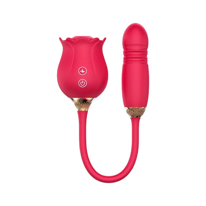 Rose Flower Shaped Silicone Dildo Vibrator Woman's Thrusting Tongue Extension Sex Toy with Clit Sucking Feature