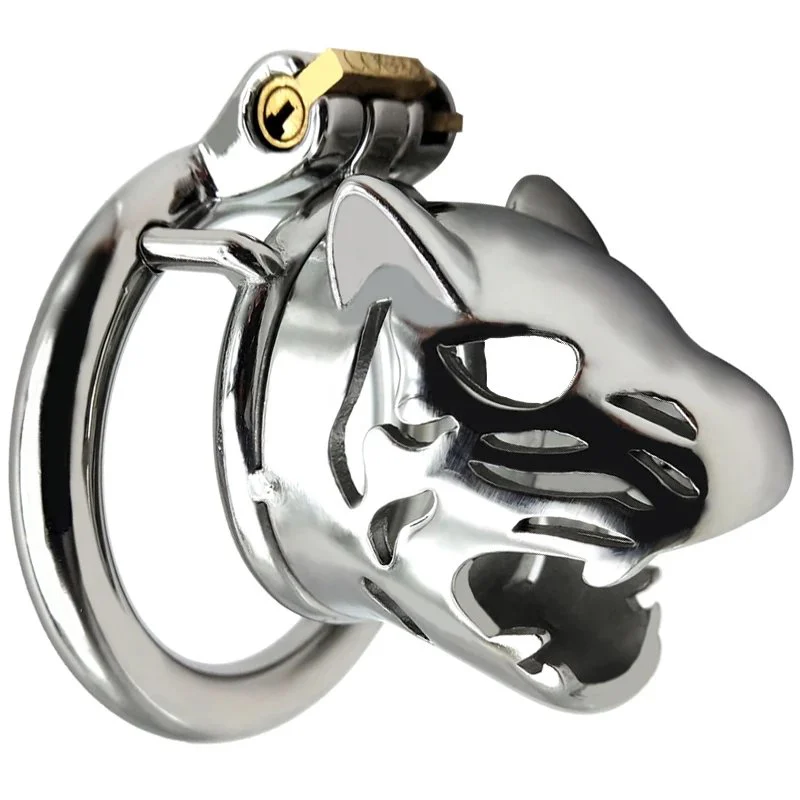 Leopard Shaped Stainless Steel Male Chastity Cage Metal Cock Ring Frrk Penis Cage with 40 45 45mm Cock Ring Sex Toys for Men