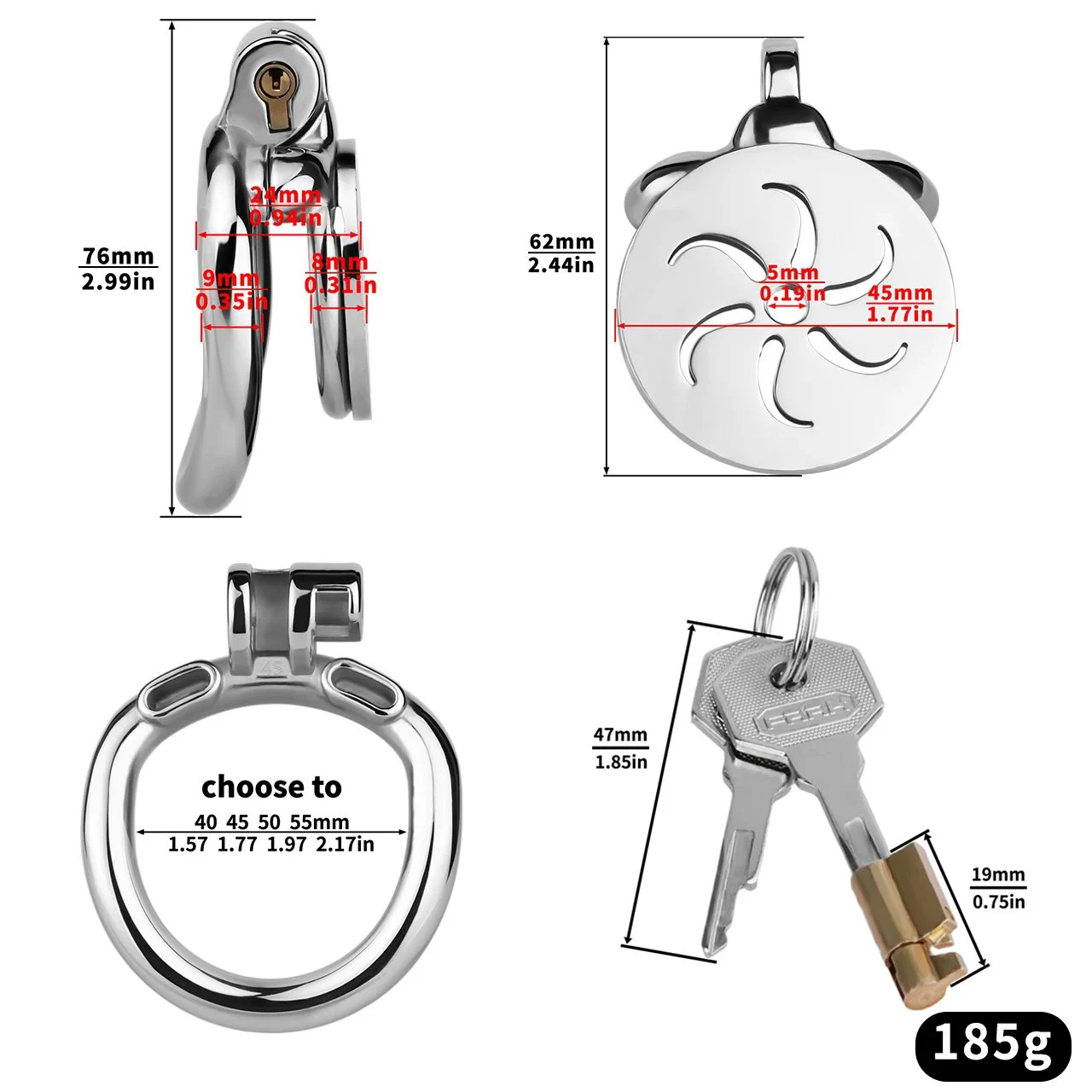 Negative Chastity Cage with Built-in Male Chastity Strap and Urination Tube Stainless Steel Construction 4 Sizes Available