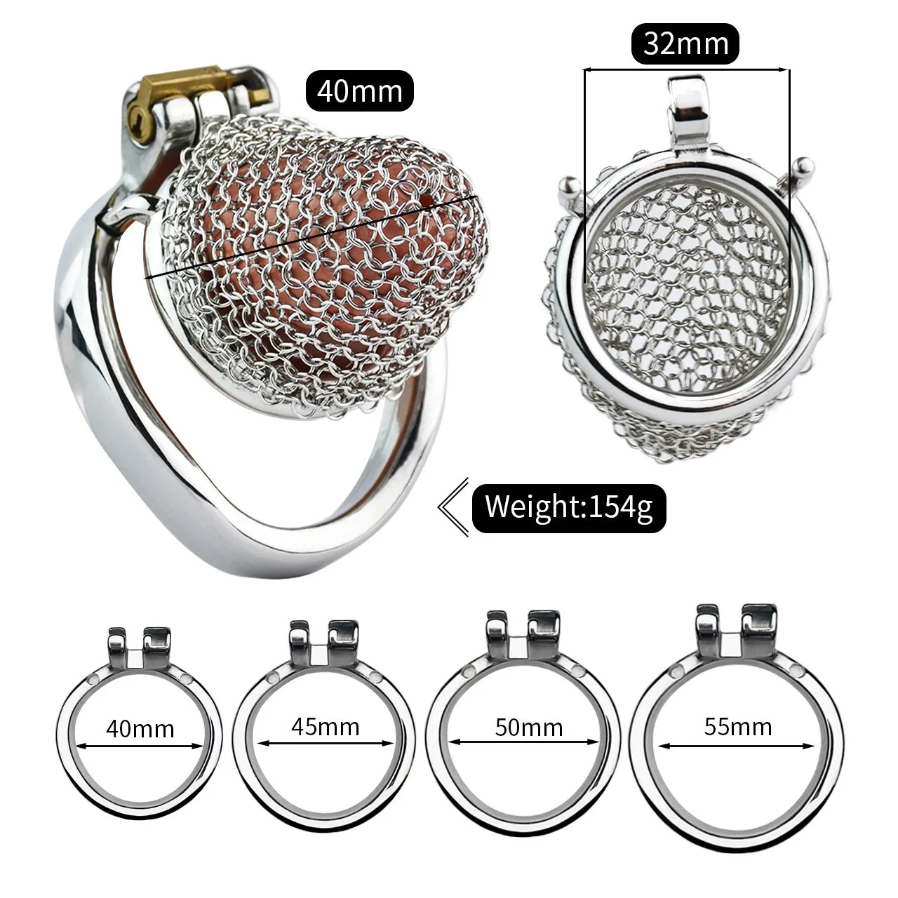 Soft Male Chastity Cage 304 Stainless Steel Reticular Mesh with Curved or Round Ring for Play