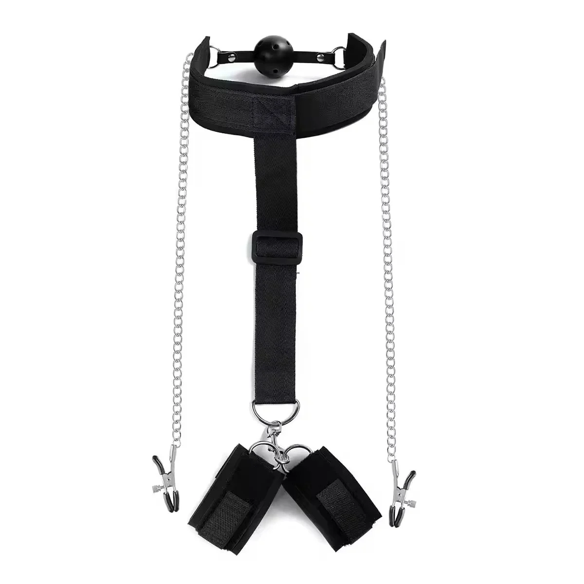 Behind Back Handcuff With Mouth Gag and Long Chain Nipple Clamps Bondage Restraints for Adult SM Games Sex Toys for Couples