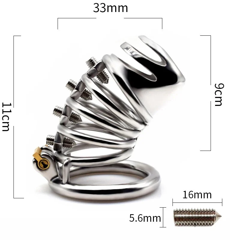 Stainless Steel Inverted Plugged Cylinder Chastity Cage for Couple Restraint Ring Bolted Spikes