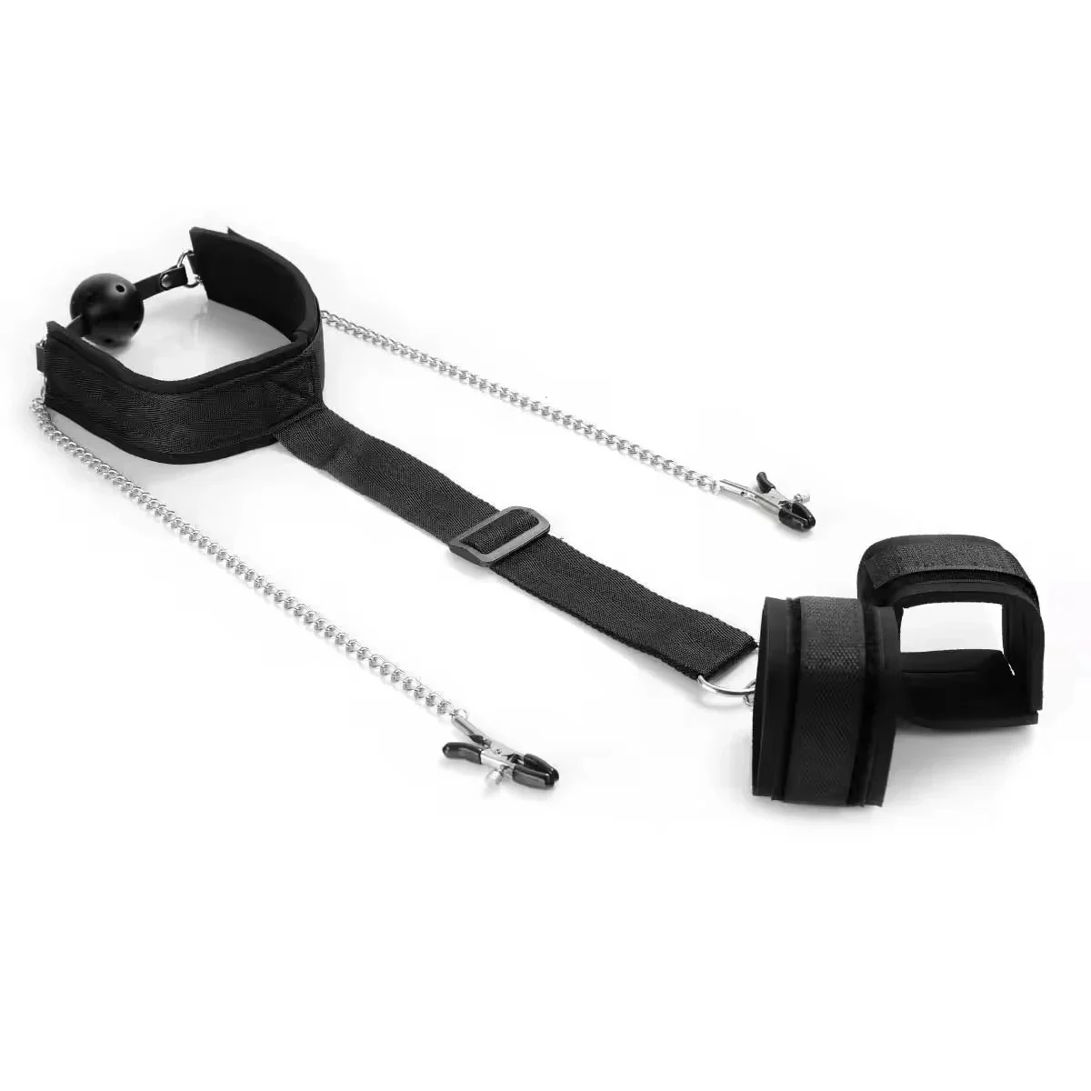 Behind Back Handcuff With Mouth Gag and Long Chain Nipple Clamps Bondage Restraints for Adult SM Games Sex Toys for Couples