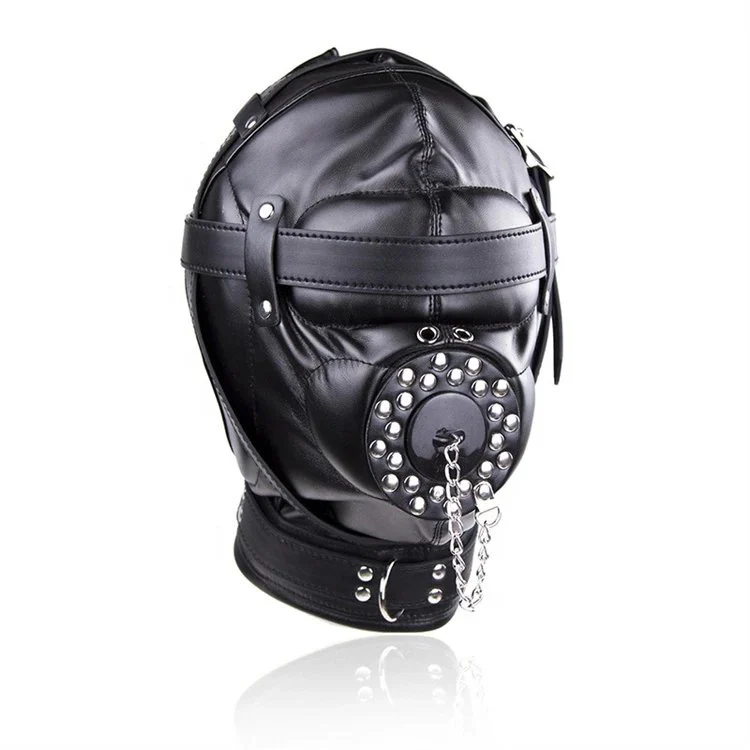 Adult Sex Game Full Head Mask Mouth Gag PU Leather Hood Fetish Slave Headgear Bondage