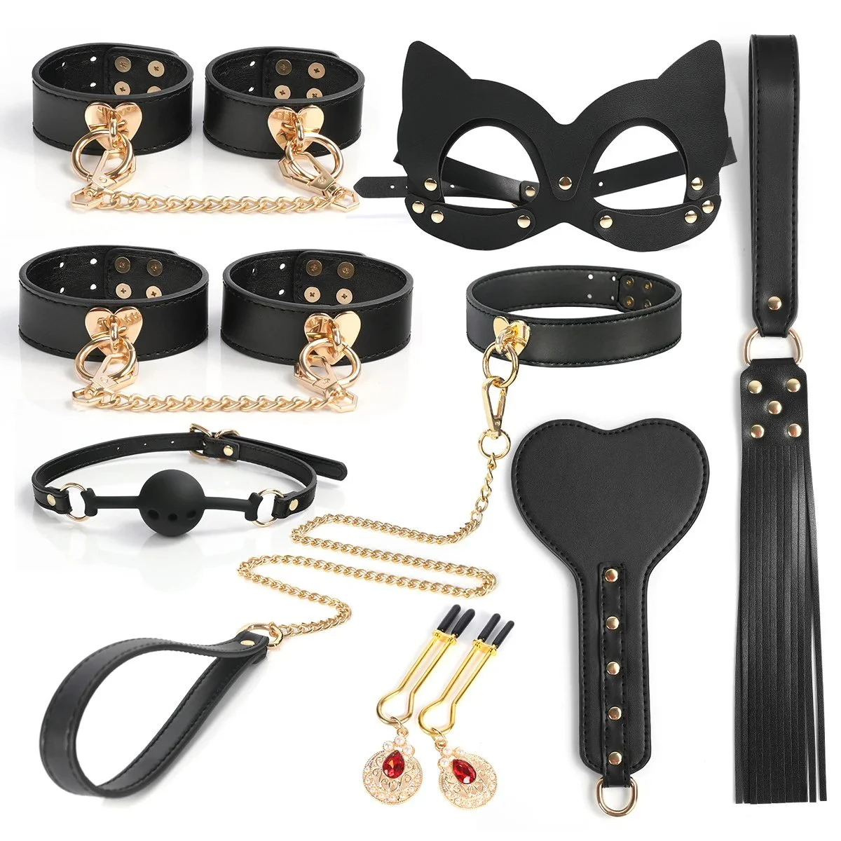 Adult Sex Set 8 Piece Bundle Bound Handcuffs Foot Cuffs PU Whips Couple Training Romantic Toys