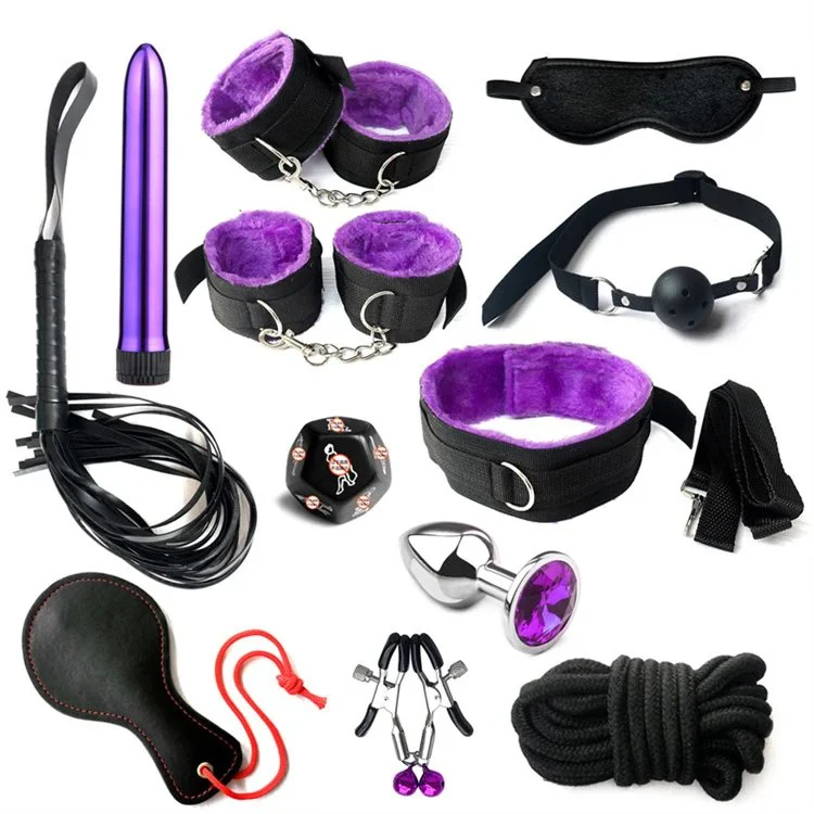 12PCS Erotic Bondage Kit With Sex Toys for Couple Beginner Slave Nylon Plush BDSM Sex Bondage Set