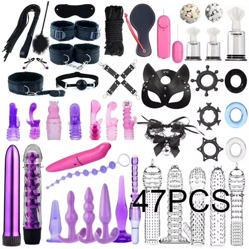 47PCS Sex Bondage Kits Handcuffs Nipple Clamps Whip Spanking Anal Plug Vibrator Butt SM Product Sex Toys for Women Men