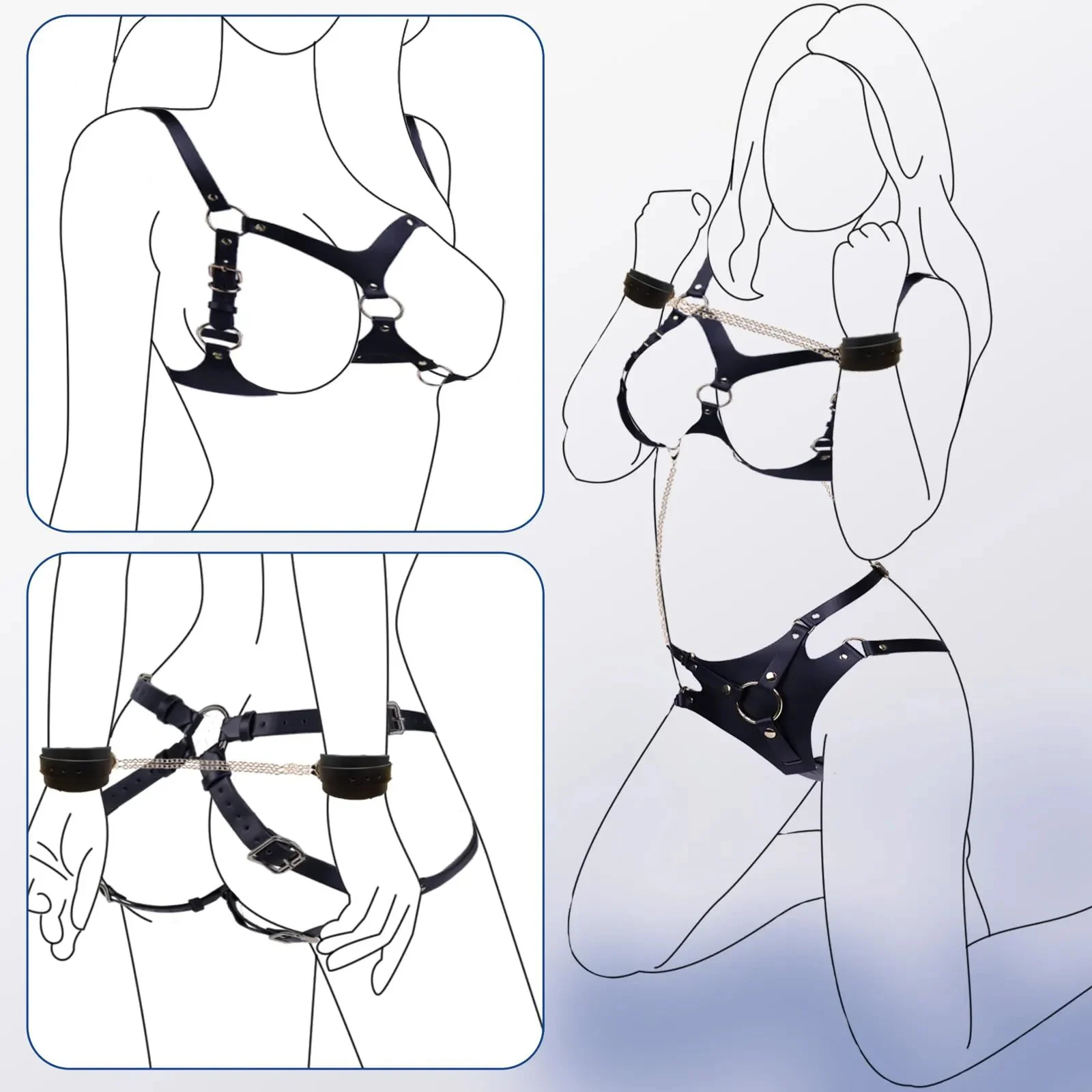 Adjustable Breast Harness Sexy Lingerie Strap on Waist Handcuffs Ankle Thigh Cuffs Sex Bondage BDSM Kits Restraints Set Sex Toys