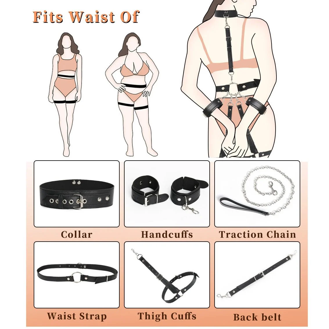Adjustable Collar Neck to Wrist Game Set Sex Bondage Gear Wrist Thigh Handcuffs BDSM Restraints Set Adult Sex Toys for Couple