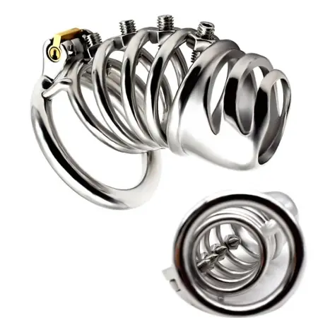 Stainless Steel Inverted Plugged Cylinder Chastity Cage for Couple Restraint Ring Bolted Spikes