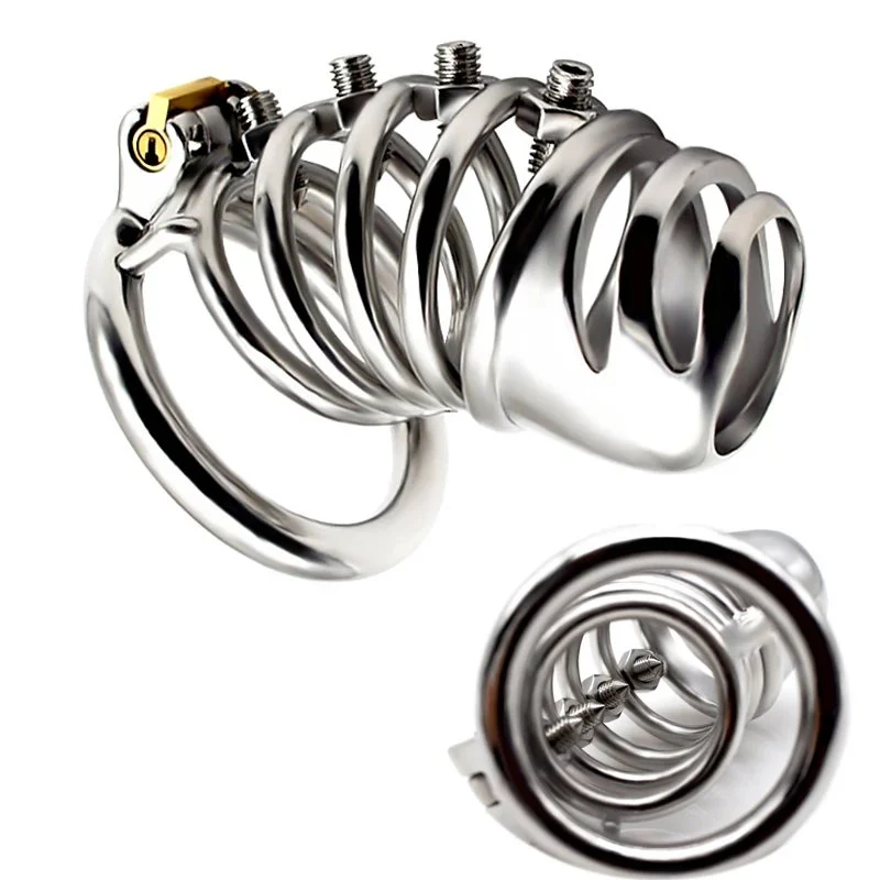 Stainless Steel Inverted Plugged Cylinder Chastity Cage for Couple Restraint Ring Bolted Spikes