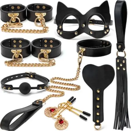 8PCS Bdsm Restraints Bondage Gear Handcuffs Whip Nipple Clamps Leather Bondage Set