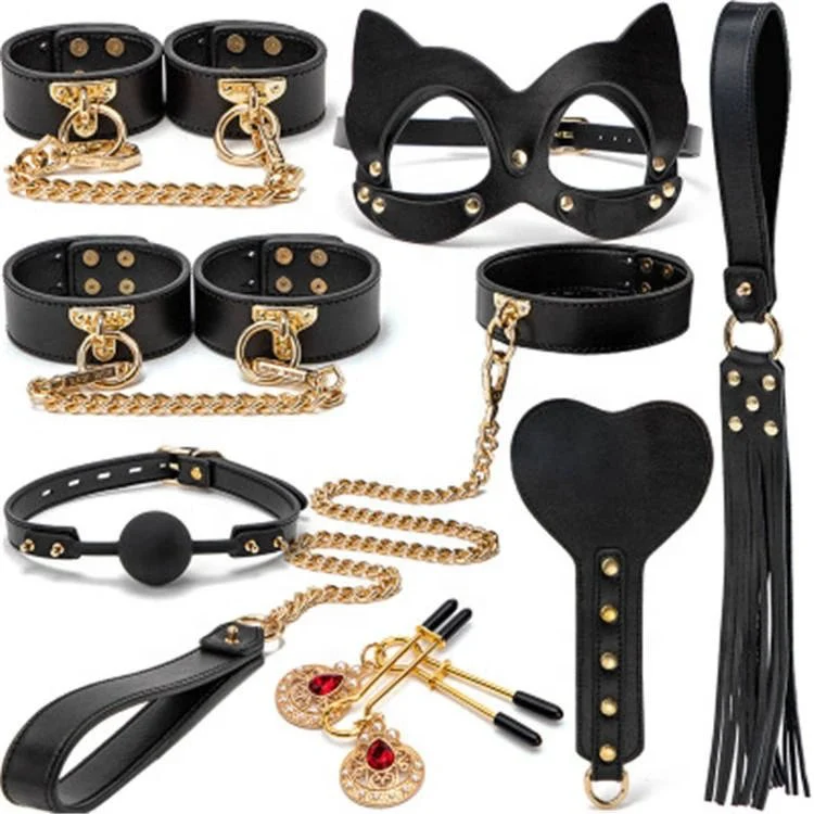 8PCS Bdsm Restraints Bondage Gear Handcuffs Whip Nipple Clamps Leather Bondage Set