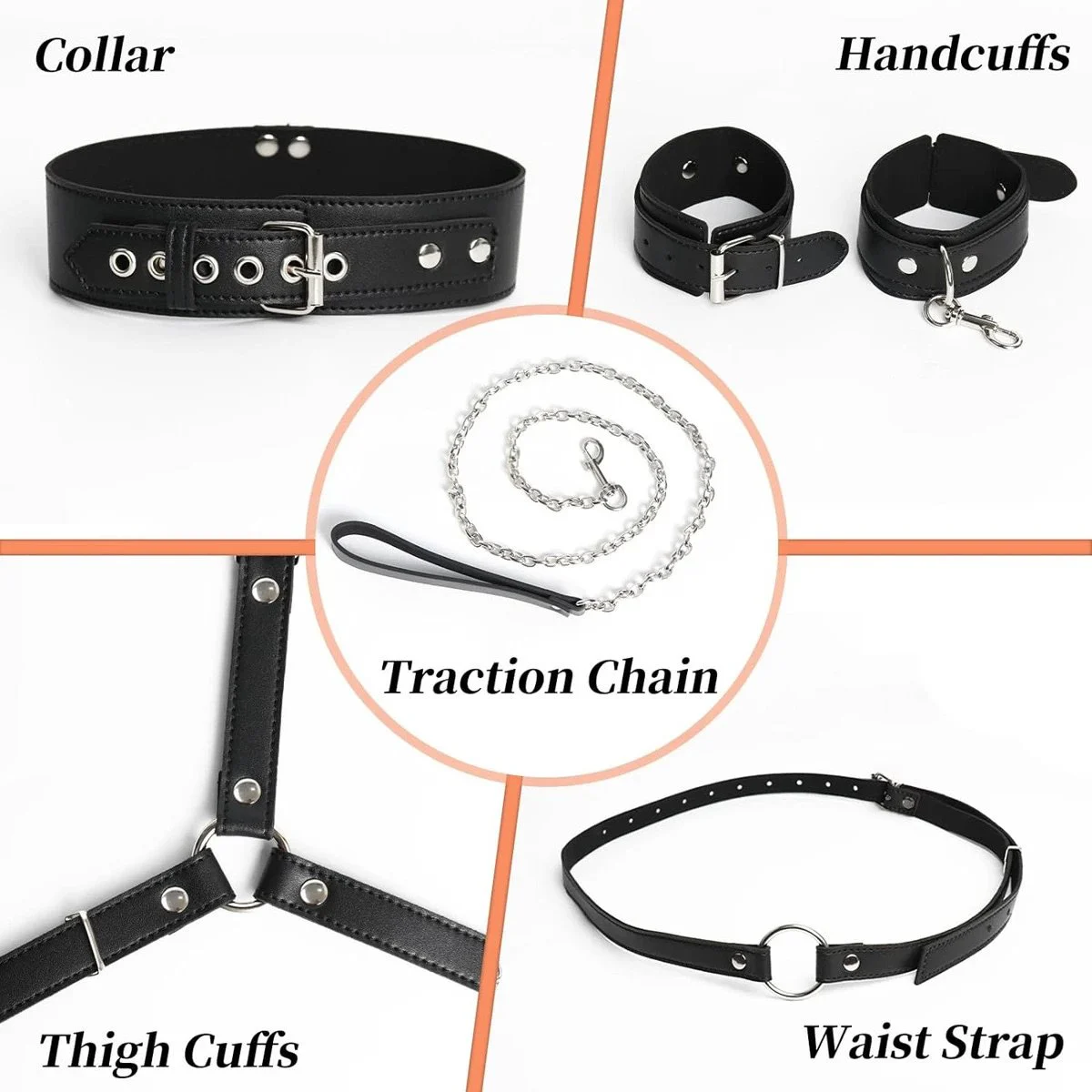 Adjustable Collar Neck to Wrist Game Set Sex Bondage Gear Wrist Thigh Handcuffs BDSM Restraints Set Adult Sex Toys for Couple