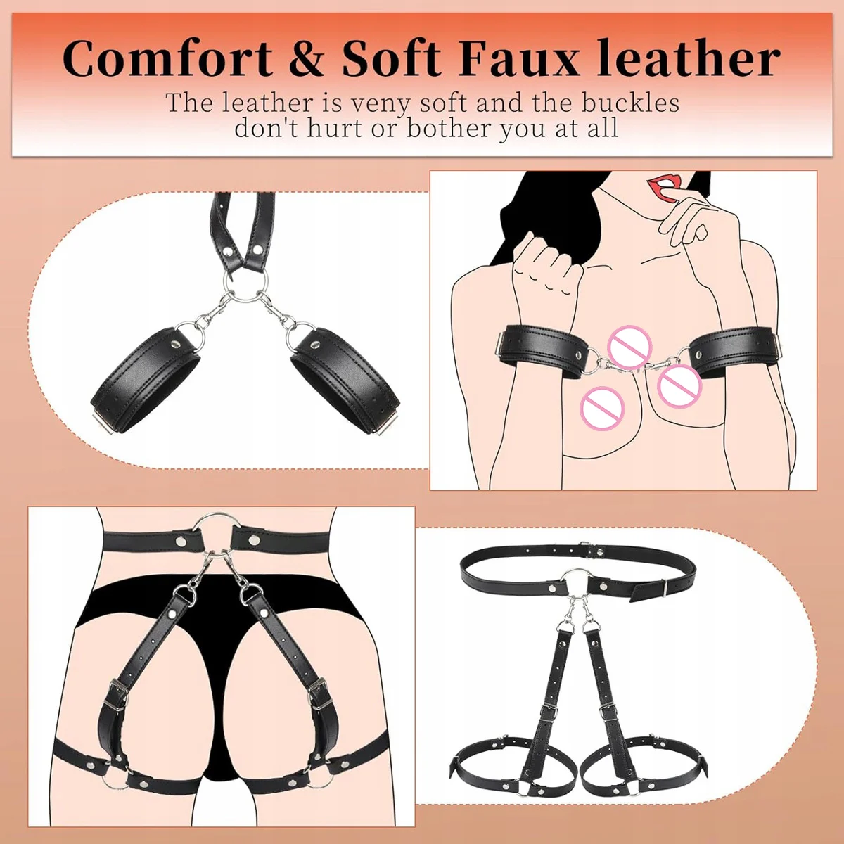 Adjustable Collar Neck to Wrist Game Set Sex Bondage Gear Wrist Thigh Handcuffs BDSM Restraints Set Adult Sex Toys for Couple