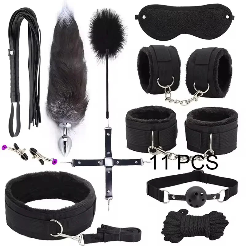 47PCS Sex Bondage Kits Handcuffs Nipple Clamps Whip Spanking Anal Plug Vibrator Butt SM Product Sex Toys for Women Men