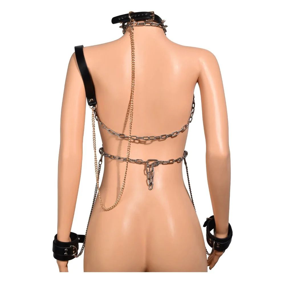 Alloy Chain Bondage Set Leather Collar Handcuffs Breast Fun Couple Flirting Game Sex Toys