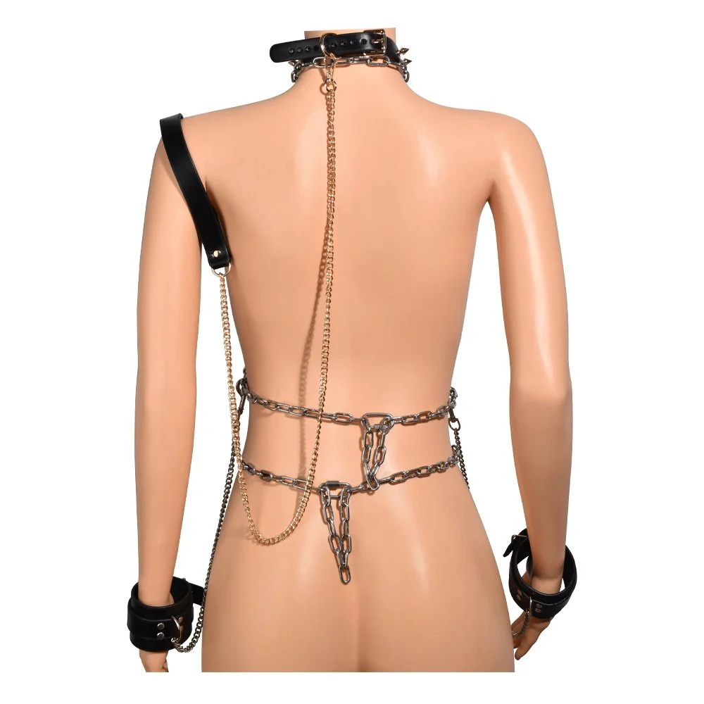 Alloy Set Leather Collar Handcuffs Chain Bondage Breast Fun Couple Flirting Game Sex Toys