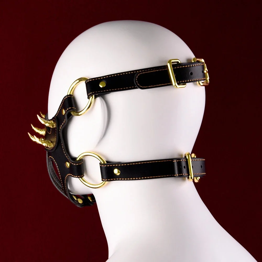 Bondage Submissive Hood, Soft Leather Adjustable Size, Fanged Beast Design for Role-Play Sex Toy