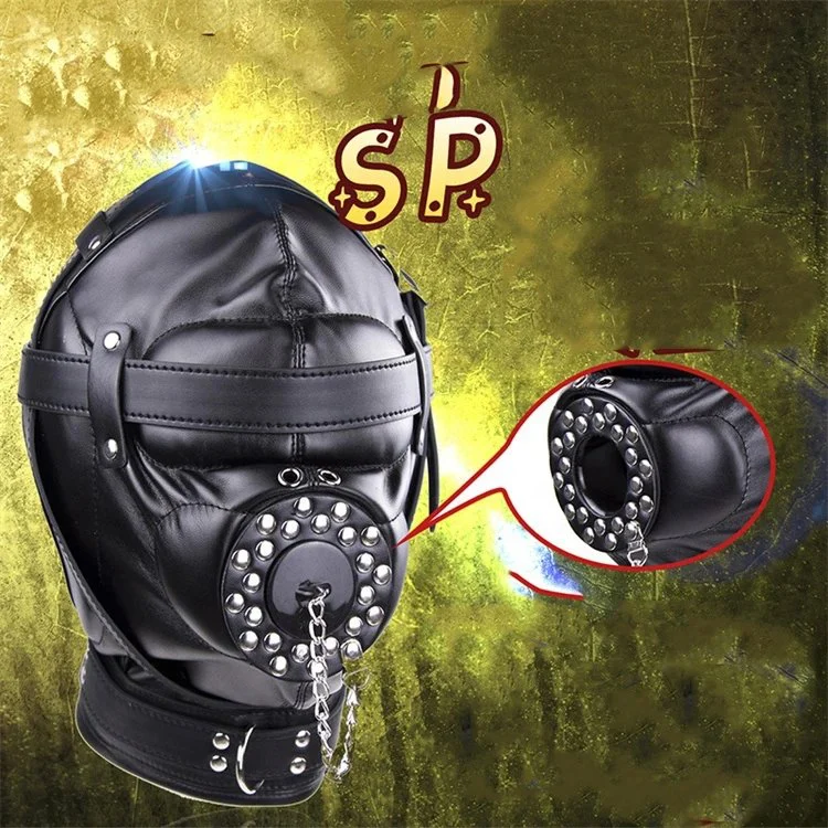 Adult Sex Game Full Head Mask Mouth Gag PU Leather Hood Fetish Slave Headgear Bondage