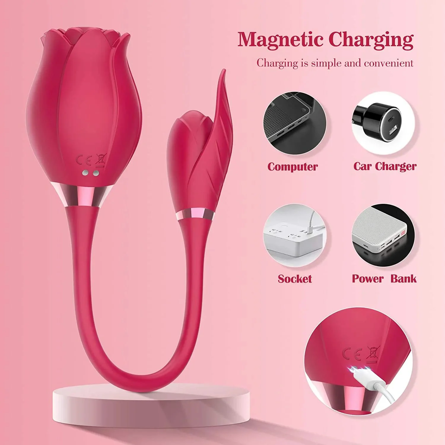 USB Magnetic Charging Double Head Use Rose Flower Shape Clitoral Sucking Vibrator Sex Toys for Women