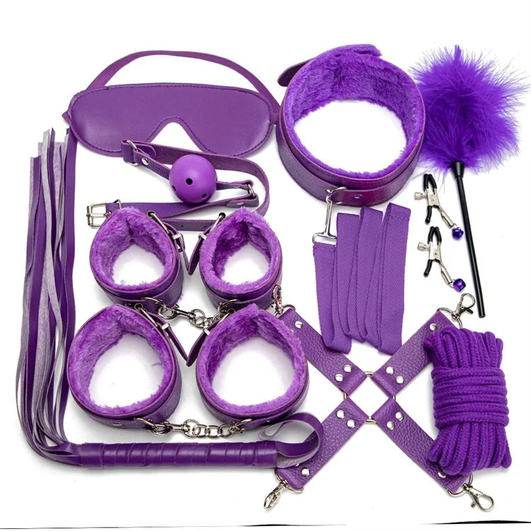 Ankle Wrist Cuff Eye Mask Blindfold Ball Gag Whip Feather Tickler PU Leather Bondage Set 10pcs Restraints Kit