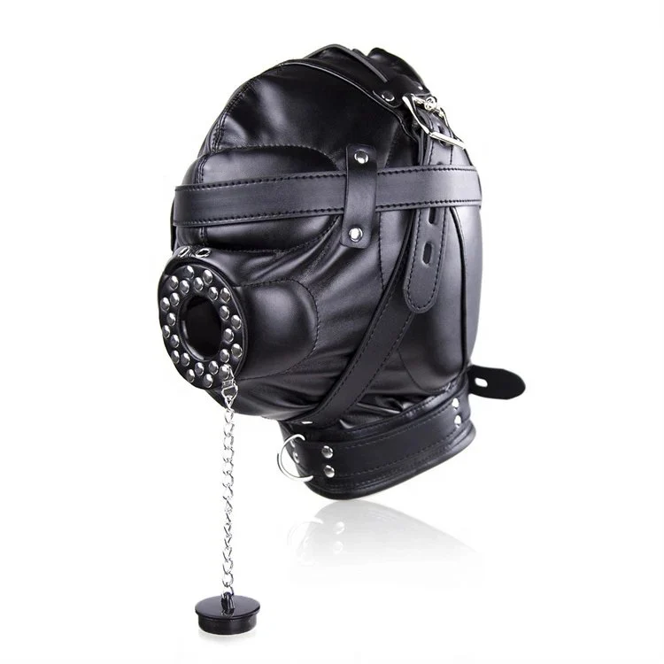 Adult Sex Game Full Head Mask Mouth Gag PU Leather Hood Fetish Slave Headgear Bondage