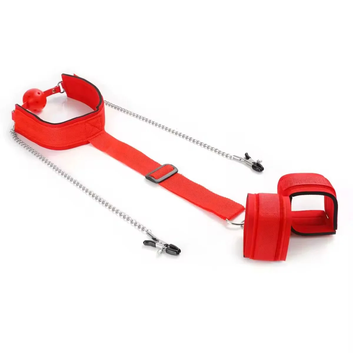 Behind Back Handcuff With Mouth Gag and Long Chain Nipple Clamps Bondage Restraints for Adult SM Games Sex Toys for Couples