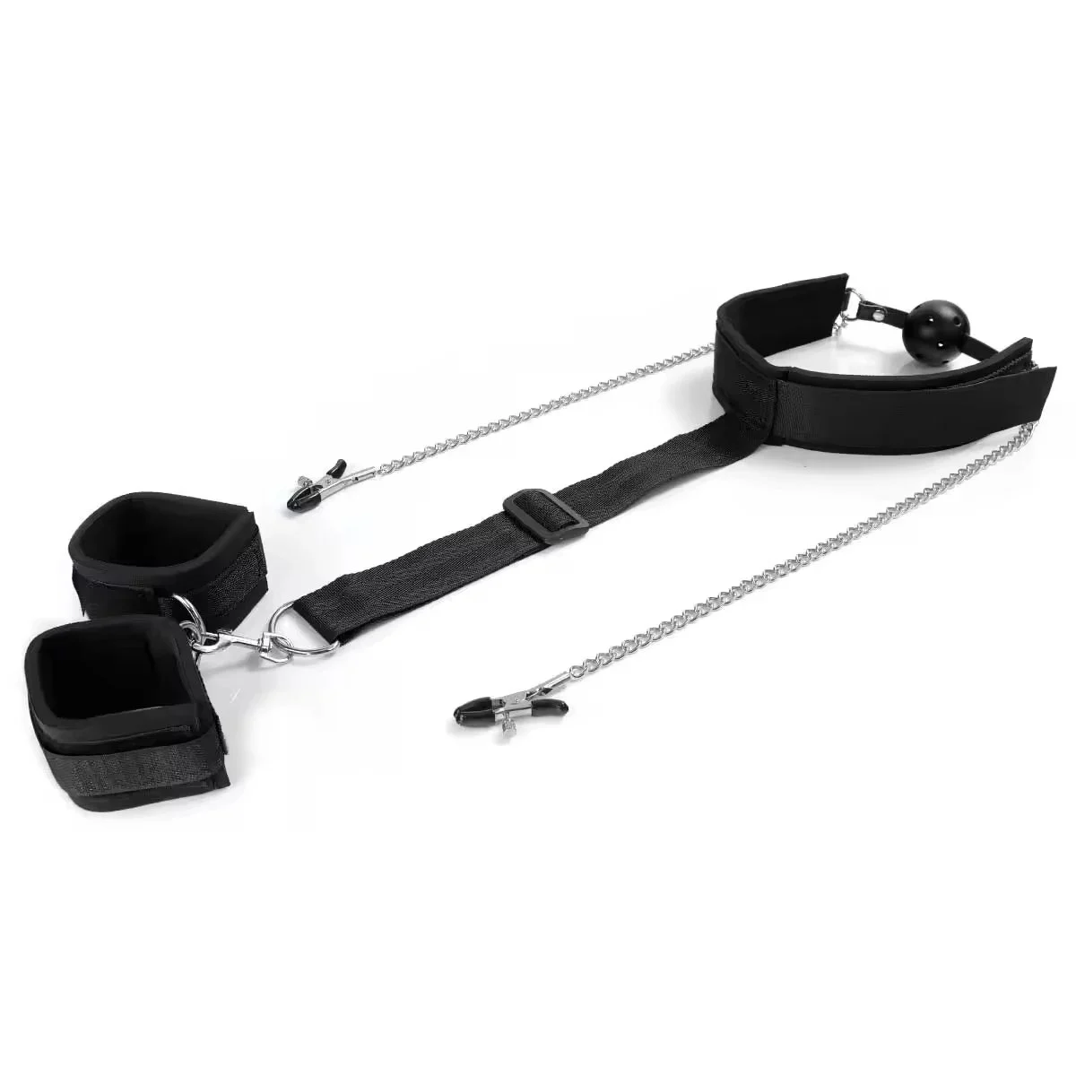 Behind Back Handcuff With Mouth Gag and Long Chain Nipple Clamps Bondage Restraints for Adult SM Games Sex Toys for Couples